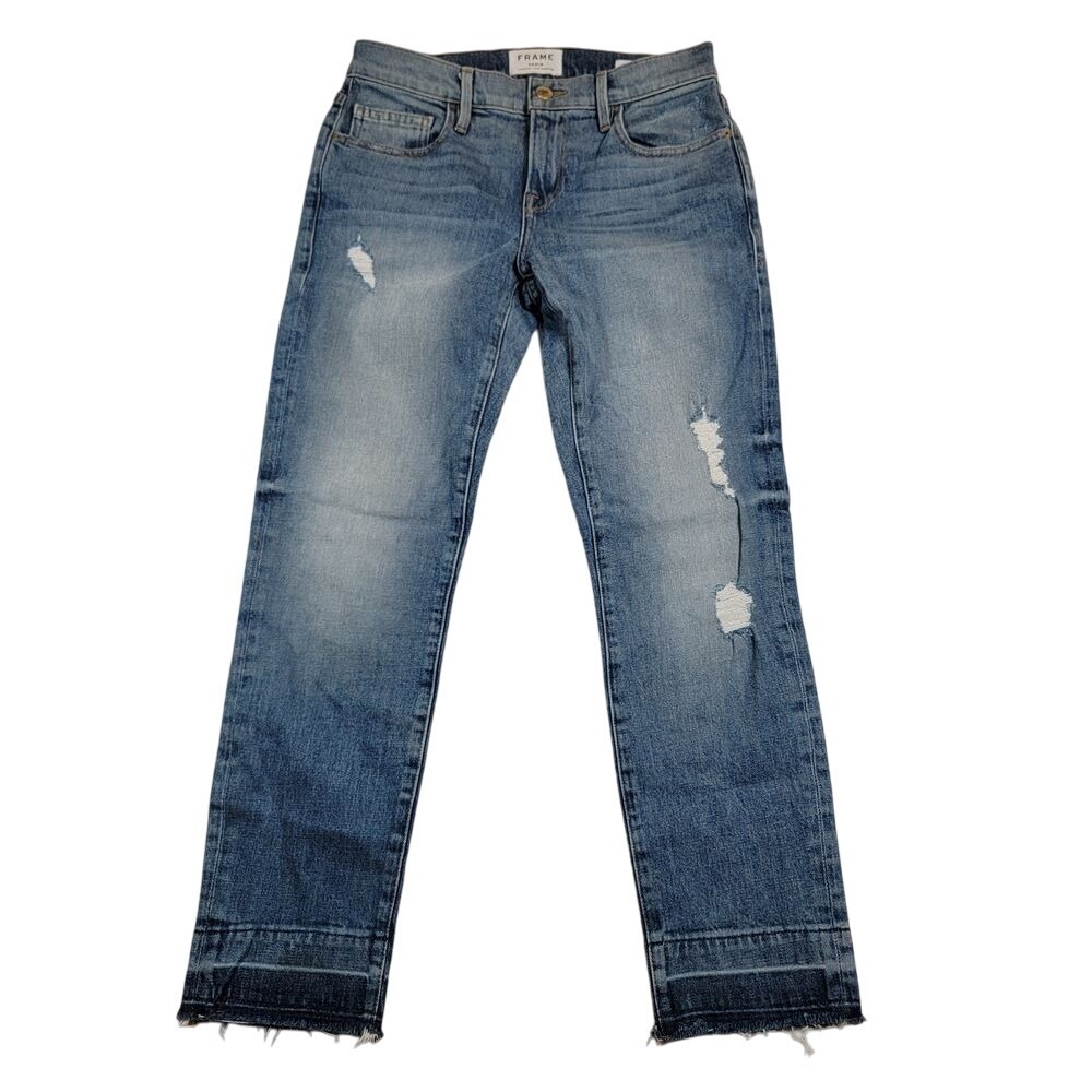 FRAME Le Boy Women's Slim Fit Jeans Sz 26 Blue Distressed Denim Fringe Hem